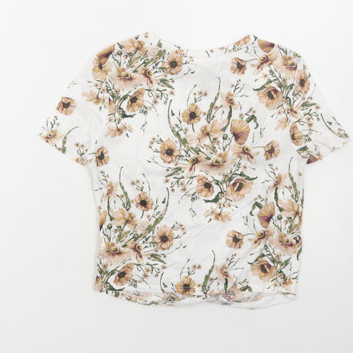 H&M Womens White Floral Cotton Cropped T-Shirt Size XS Round Neck