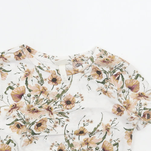 H&M Womens White Floral Cotton Cropped T-Shirt Size XS Round Neck