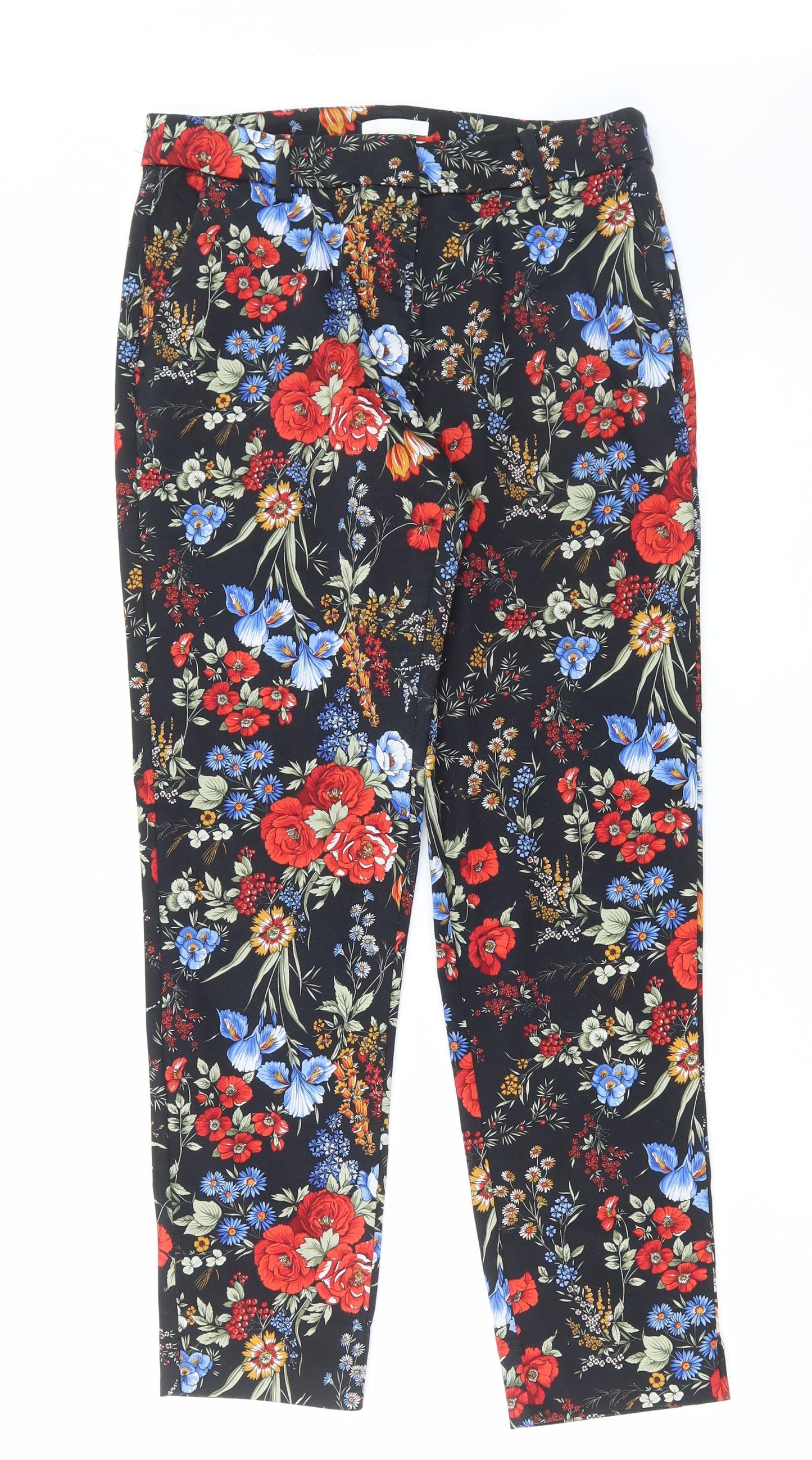 H&M Womens Multicoloured Floral Cotton Trousers Size 10 L27 in Regular Buckle