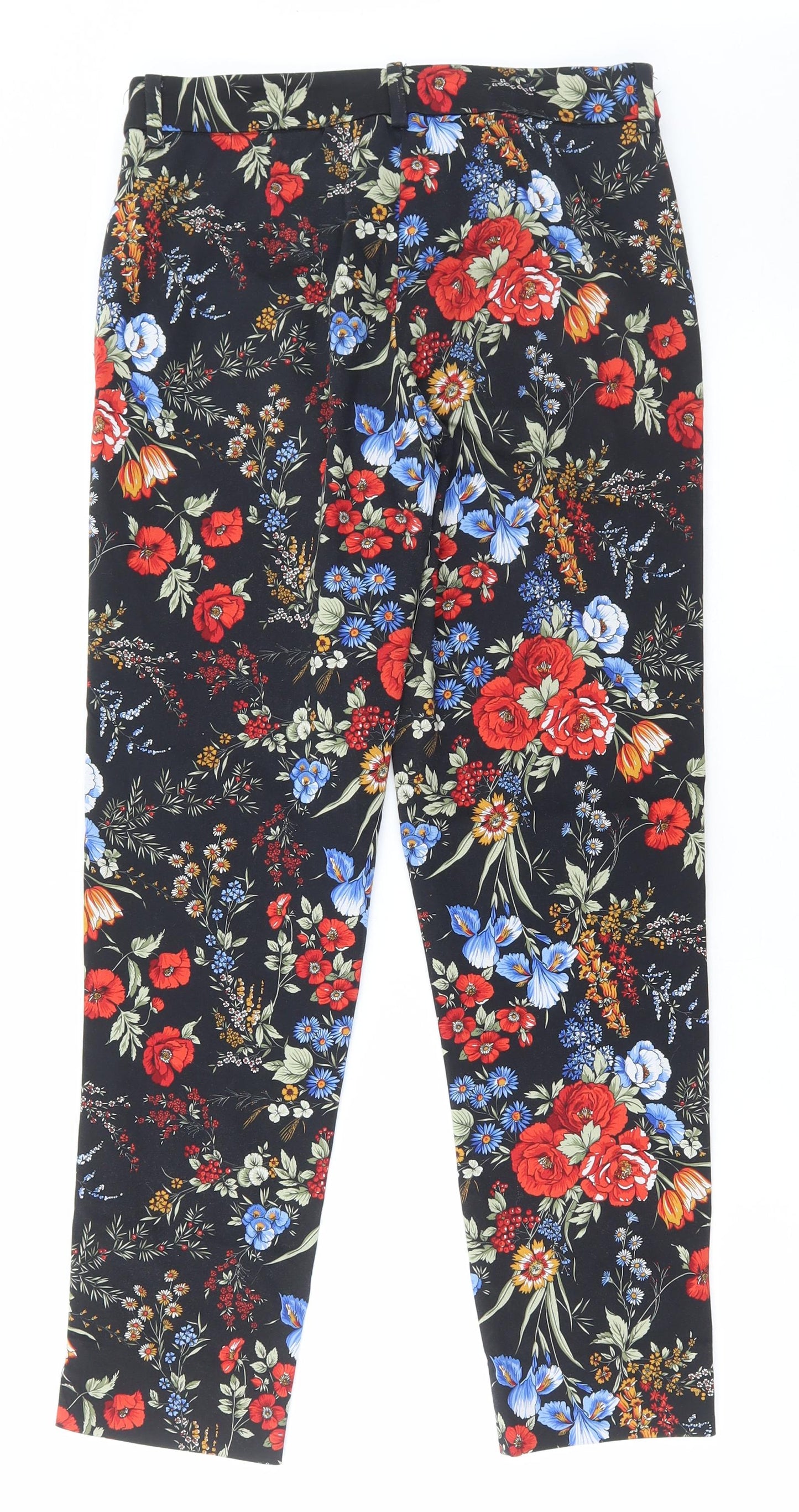 H&M Womens Multicoloured Floral Cotton Trousers Size 10 L27 in Regular Buckle