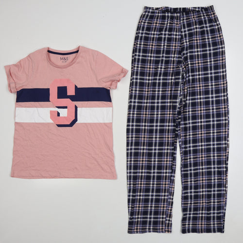 Marks and Spencer Girls Pink Plaid Cotton Top Pyjama Set Size 12-13 Years Pullover - S