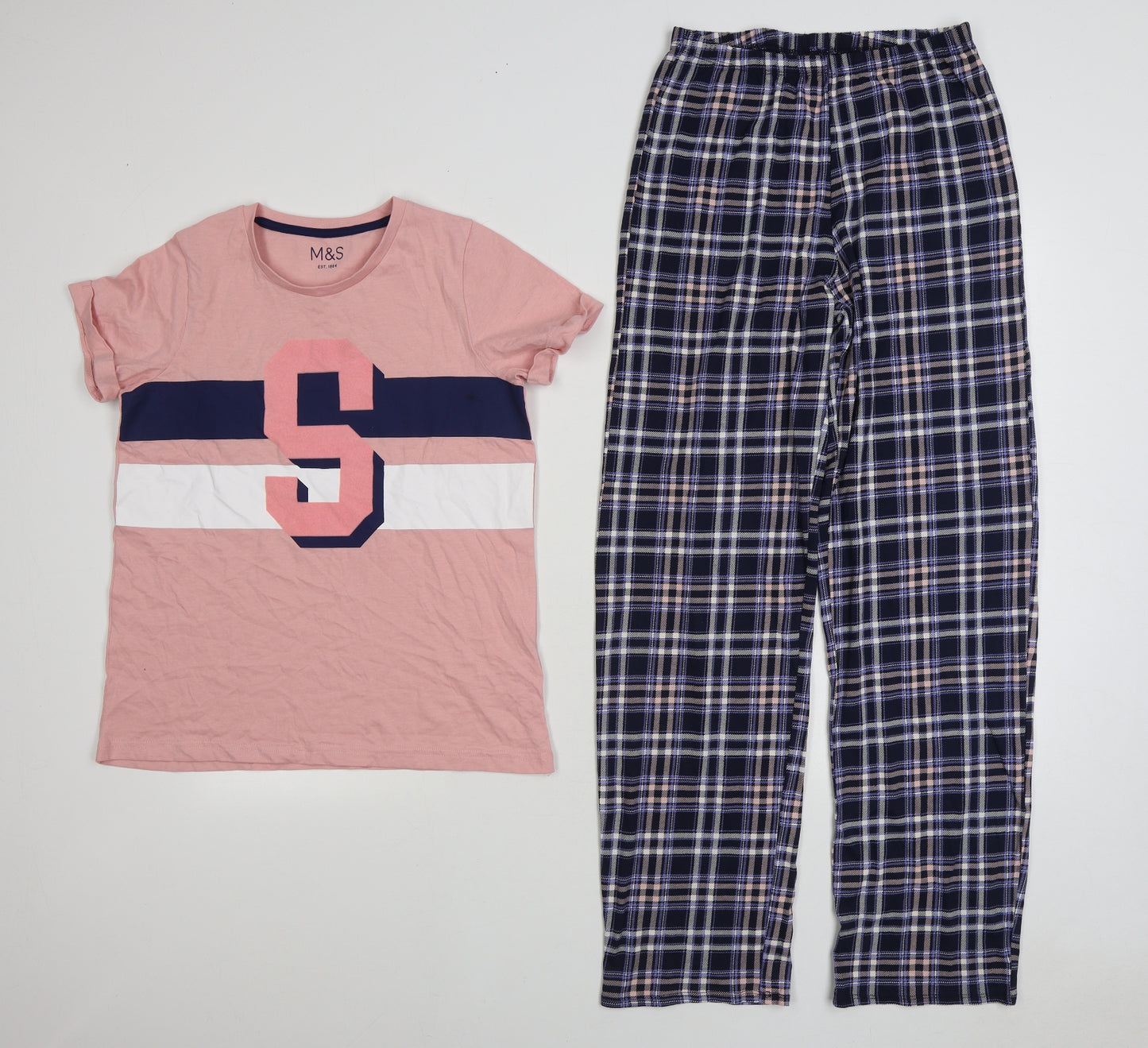 Marks and Spencer Girls Pink Plaid Cotton Top Pyjama Set Size 12-13 Years Pullover - S