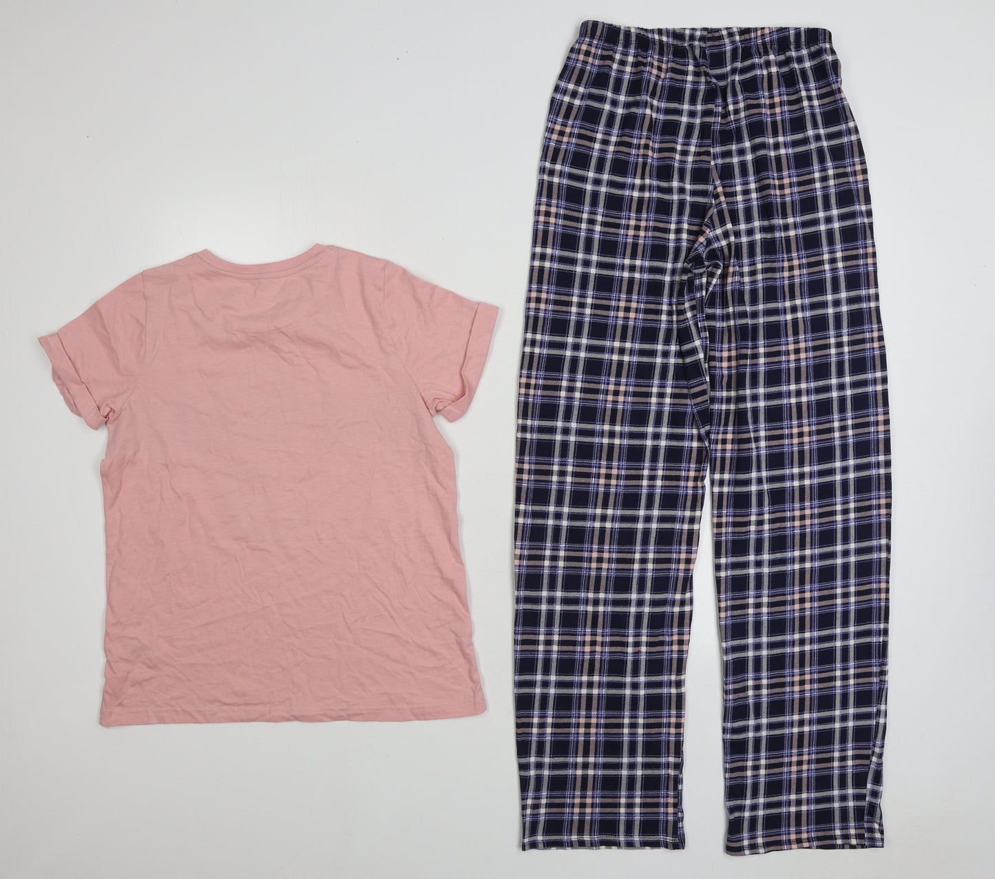 Marks and Spencer Girls Pink Plaid Cotton Top Pyjama Set Size 12-13 Years Pullover - S