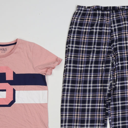 Marks and Spencer Girls Pink Plaid Cotton Top Pyjama Set Size 12-13 Years Pullover - S
