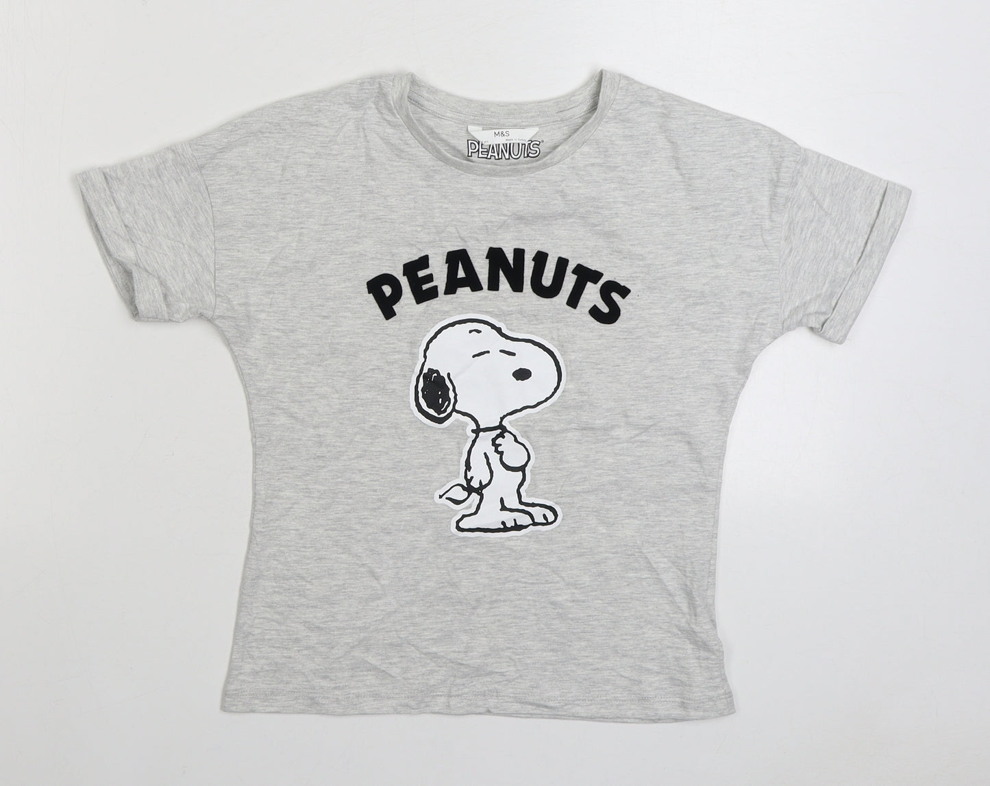 Marks and Spencer Girls Grey Cotton Basic T-Shirt Size 8-9 Years Round Neck Pullover - Peanuts Snoopy