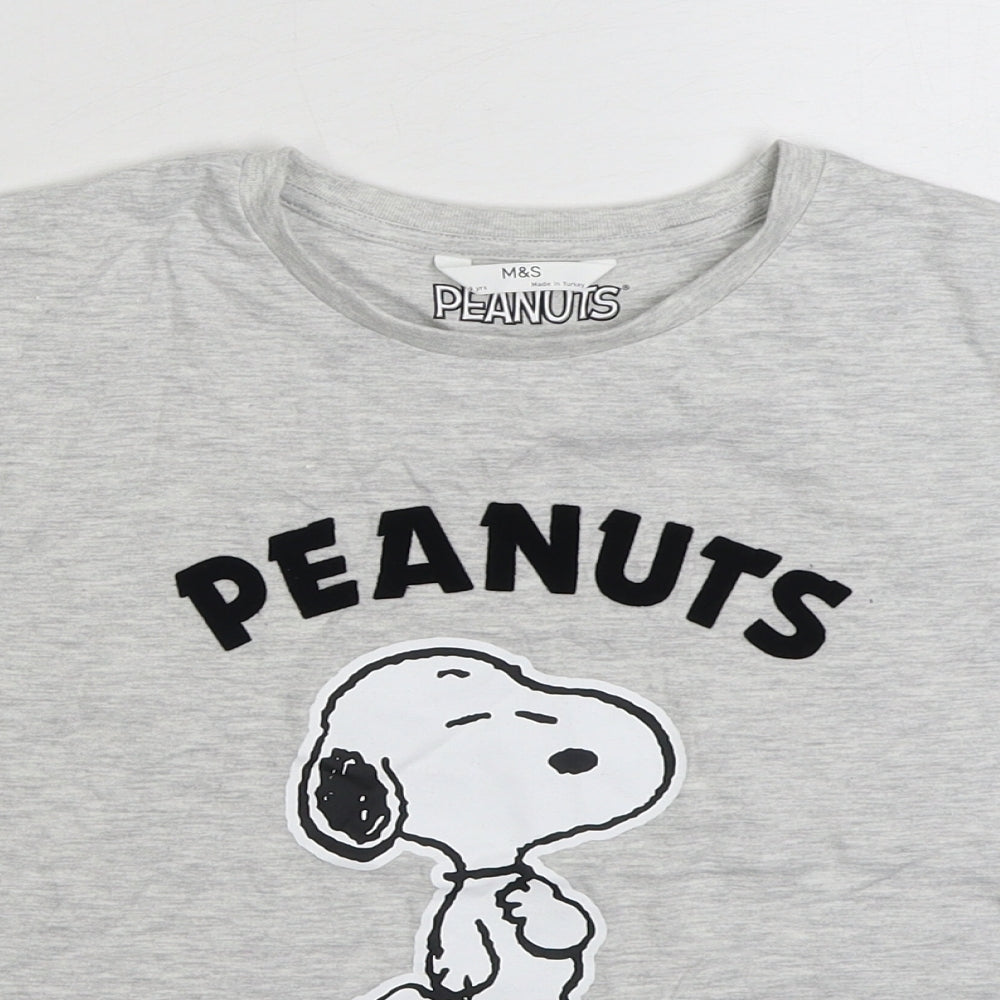 Marks and Spencer Girls Grey Cotton Basic T-Shirt Size 8-9 Years Round Neck Pullover - Peanuts Snoopy