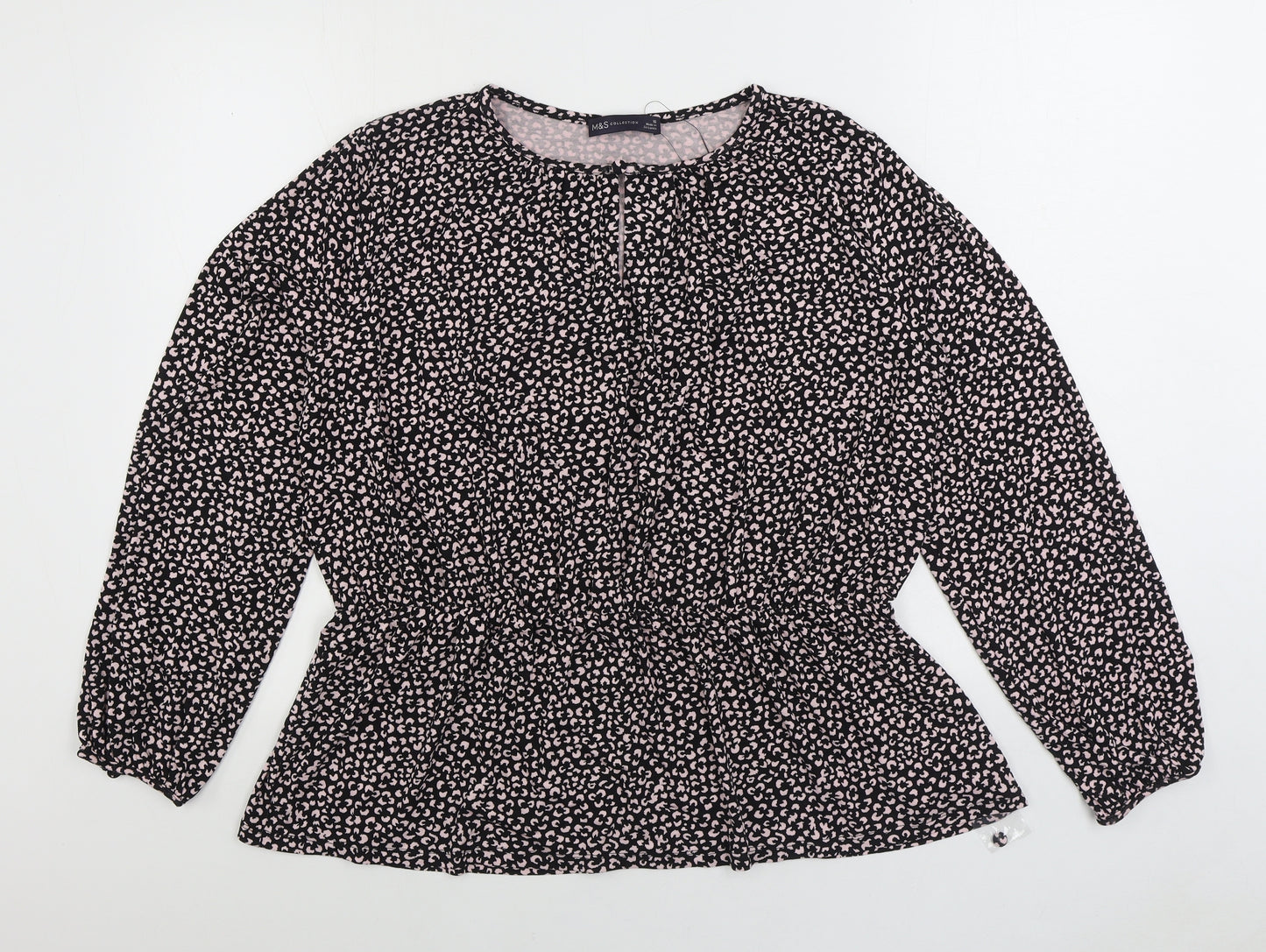 Marks and Spencer Womens Black Animal Print Viscose Basic Blouse Size 16 Round Neck - Leopard Print