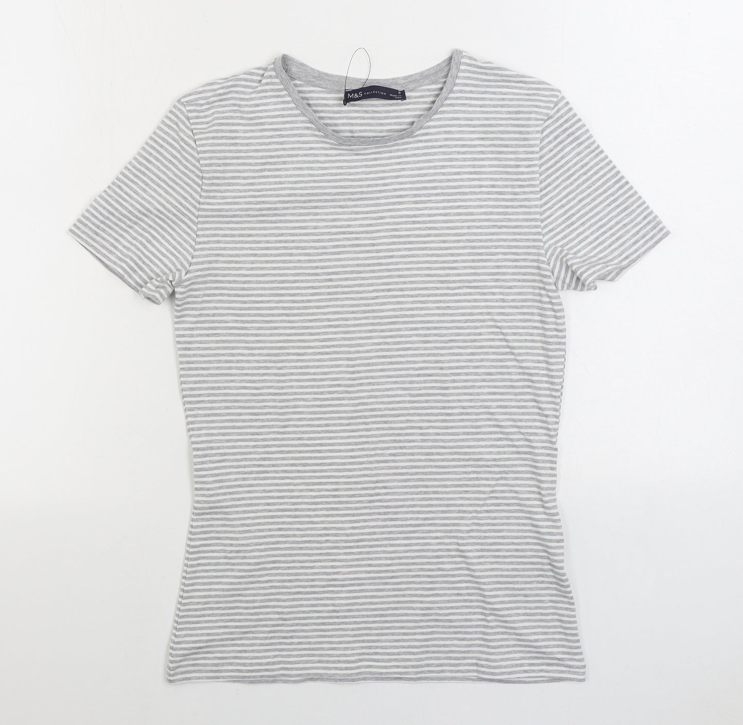 Marks and Spencer Womens Grey Striped Cotton Basic T-Shirt Size 8 Round Neck