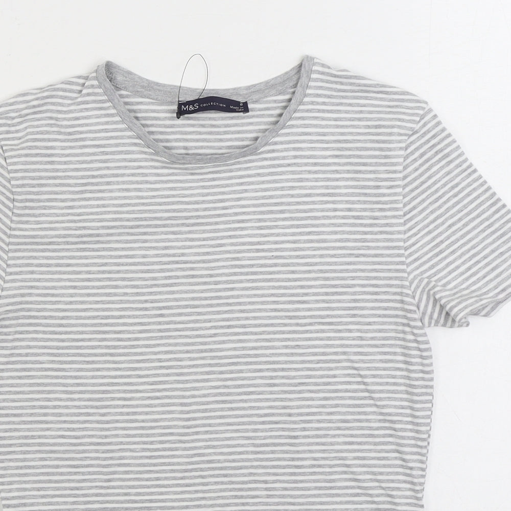 Marks and Spencer Womens Grey Striped Cotton Basic T-Shirt Size 8 Round Neck