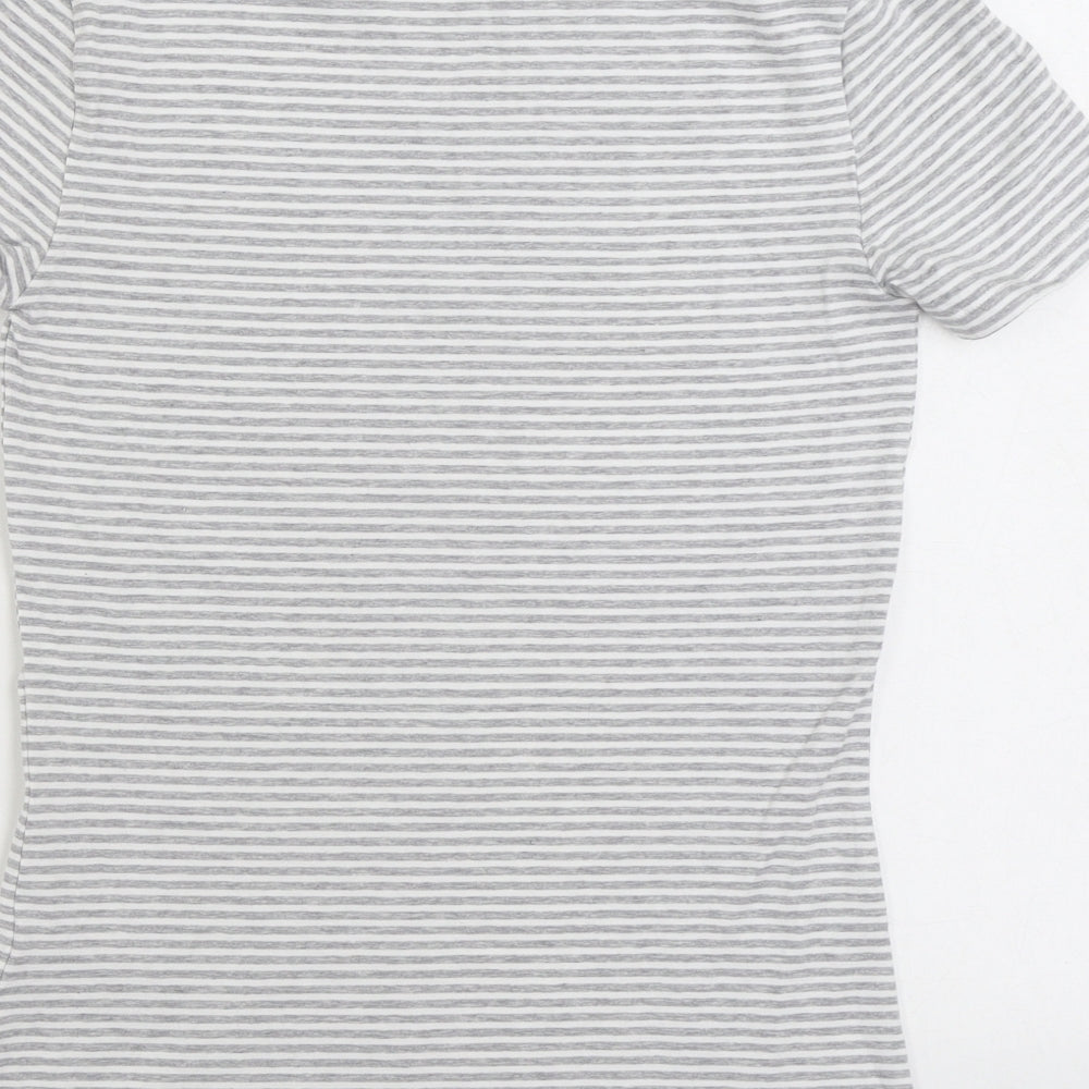 Marks and Spencer Womens Grey Striped Cotton Basic T-Shirt Size 8 Round Neck