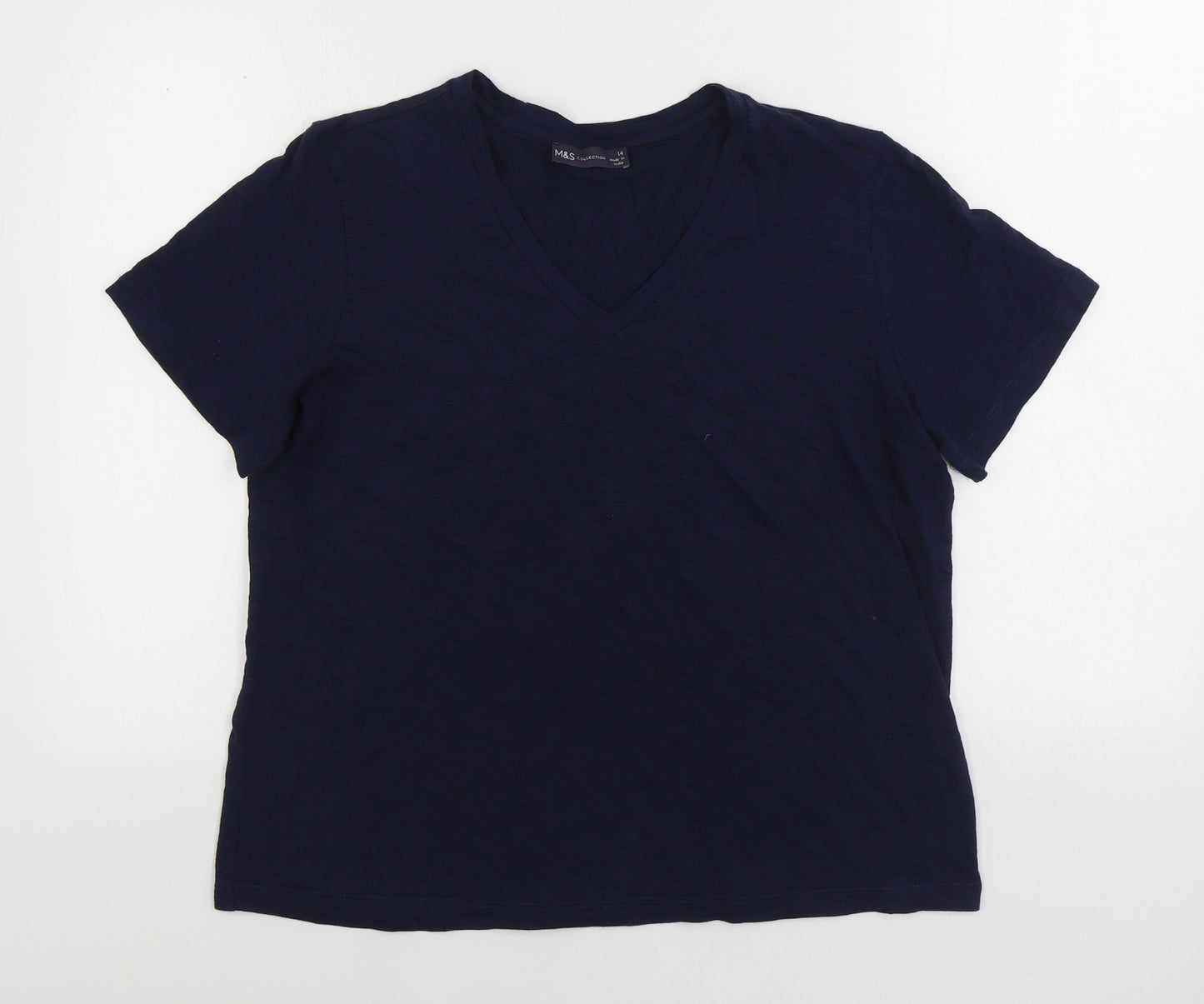 Marks and Spencer Womens Blue Cotton Basic T-Shirt Size 14 V-Neck