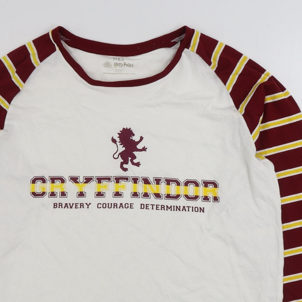 Marks and Spencer Boys White Striped Cotton Basic T-Shirt Size 15-16 Years Round Neck Pullover - Gryffindor