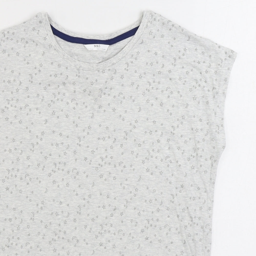 Marks and Spencer Girls Grey Geometric Cotton Basic T-Shirt Size 13-14 Years Round Neck Pullover - Star and Moon