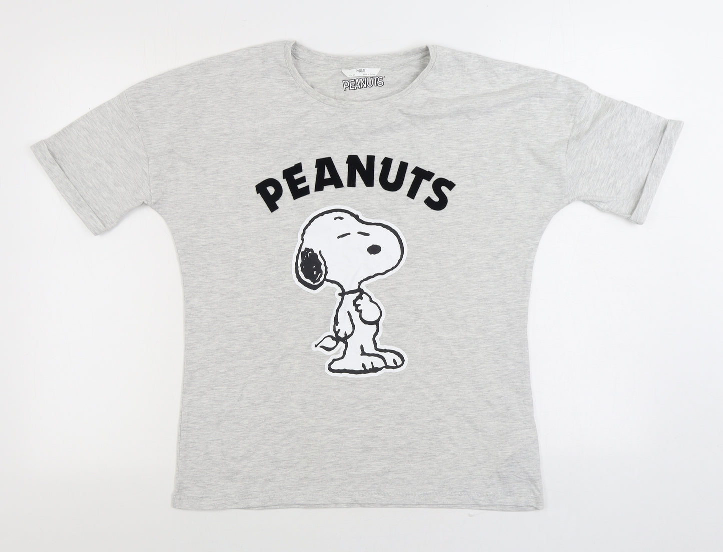 Marks and Spencer Girls Grey Cotton Basic T-Shirt Size 13-14 Years Round Neck Pullover - Peanuts Snoopy