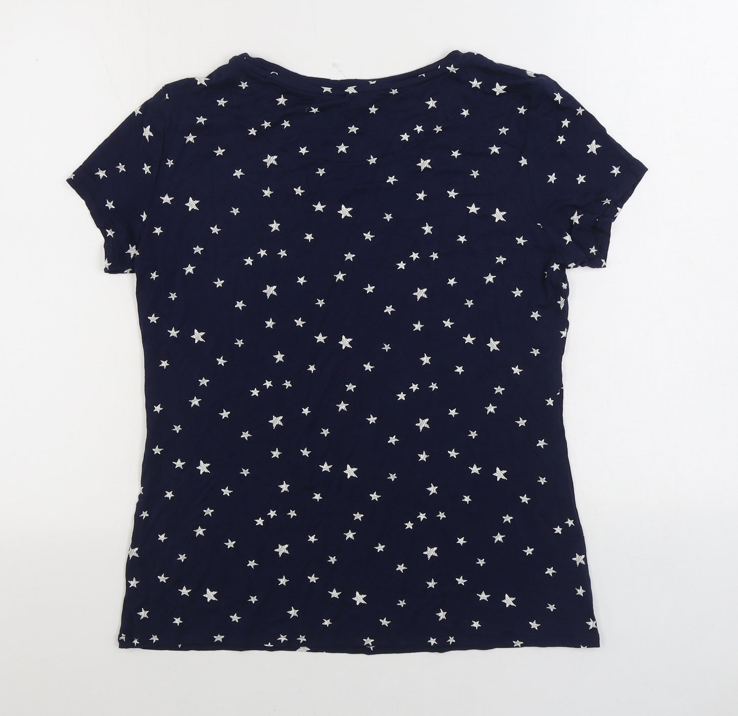 Marks and Spencer Womens Blue Geometric Viscose Basic T-Shirt Size 14 Round Neck - Star Print