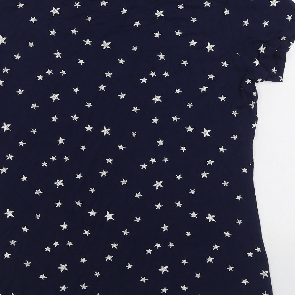 Marks and Spencer Womens Blue Geometric Viscose Basic T-Shirt Size 14 Round Neck - Star Print