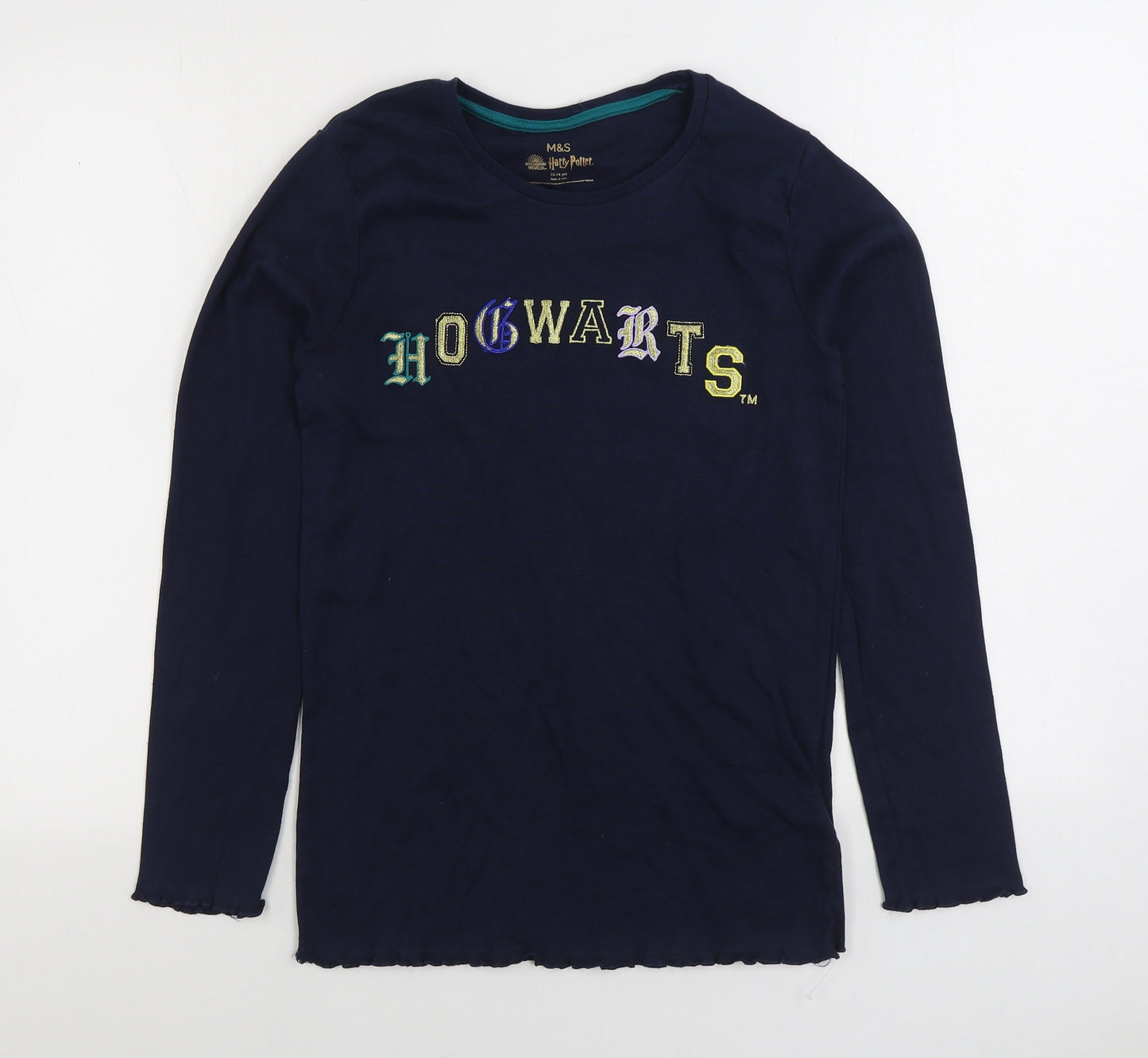 Marks and Spencer Girls Blue Cotton Basic T-Shirt Size 13-14 Years Round Neck Pullover - Hogwarts Harry Potter