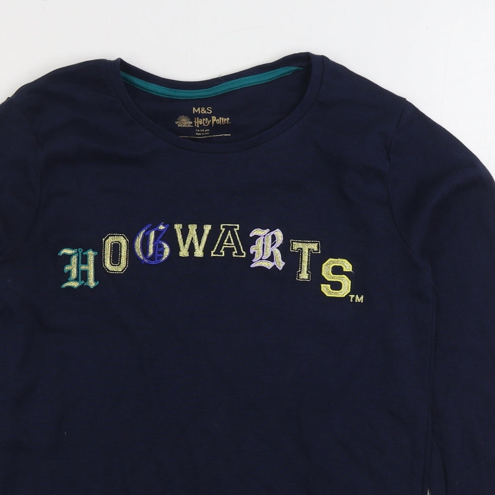 Marks and Spencer Girls Blue Cotton Basic T-Shirt Size 13-14 Years Round Neck Pullover - Hogwarts Harry Potter