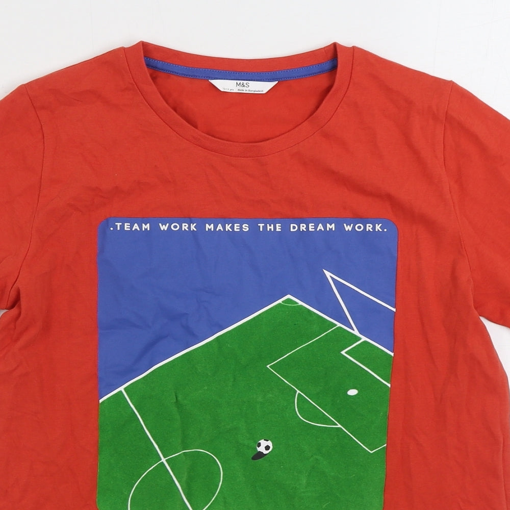 Marks and Spencer Boys Orange Cotton Basic T-Shirt Size 12-13 Years Round Neck Pullover - Football