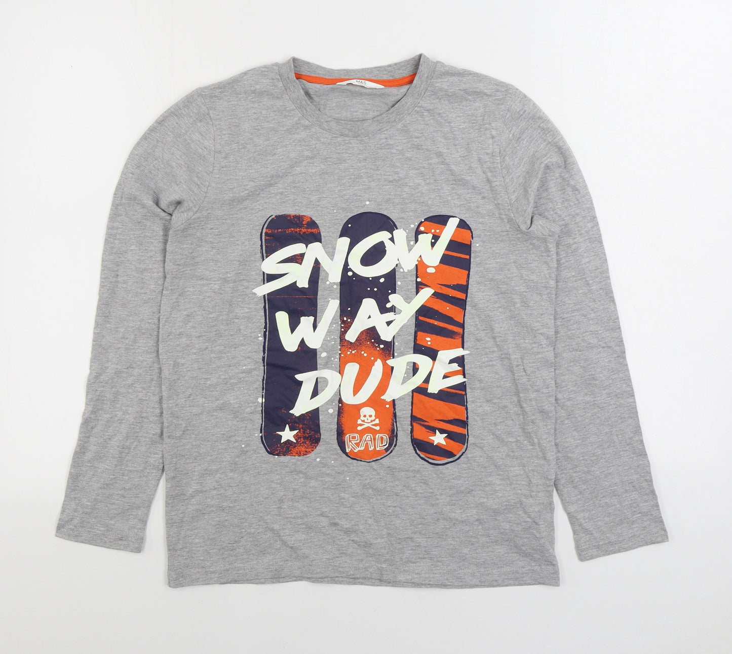 Marks and Spencer Boys Grey Cotton Basic T-Shirt Size 12-13 Years Round Neck Pullover - Snow Way Dude