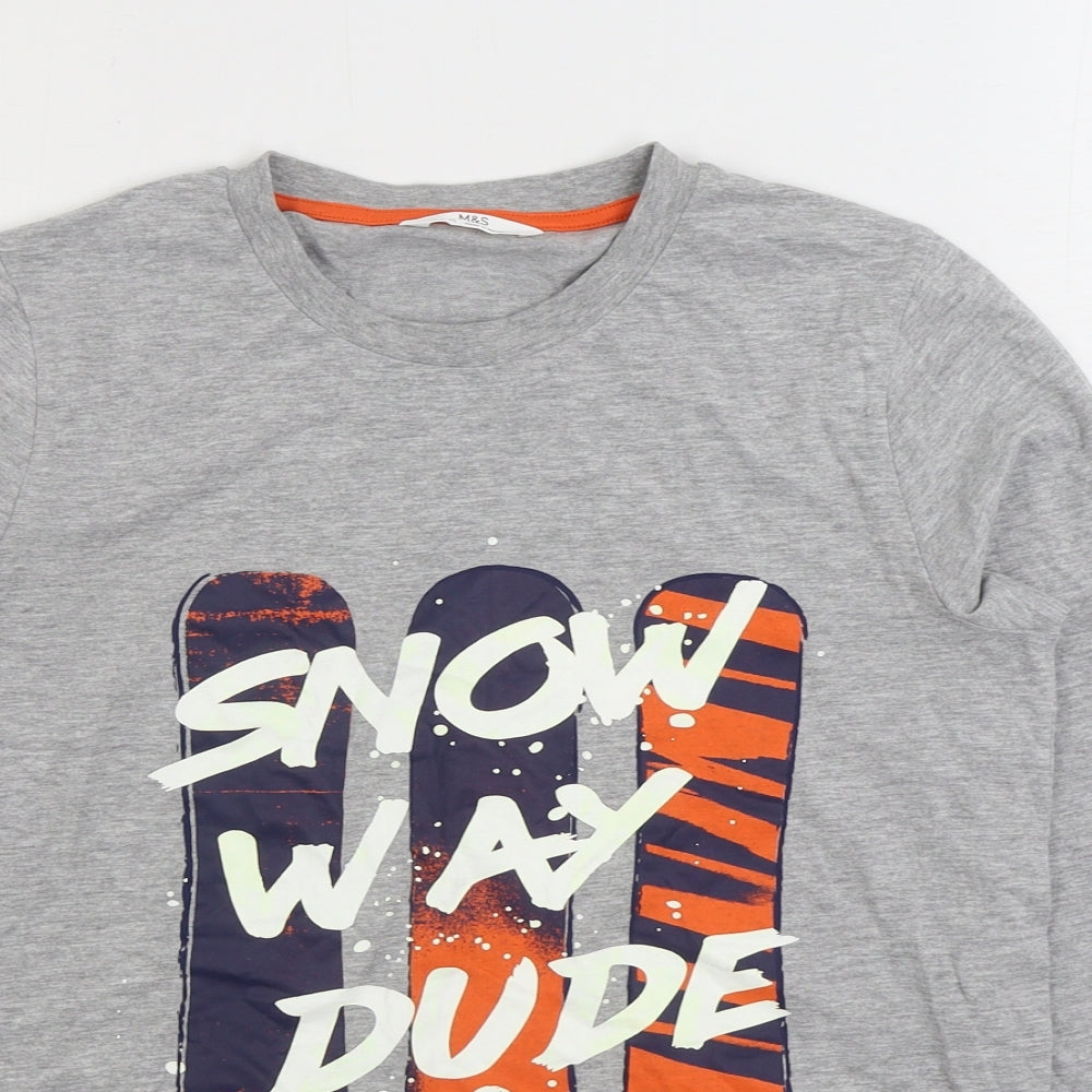 Marks and Spencer Boys Grey Cotton Basic T-Shirt Size 12-13 Years Round Neck Pullover - Snow Way Dude