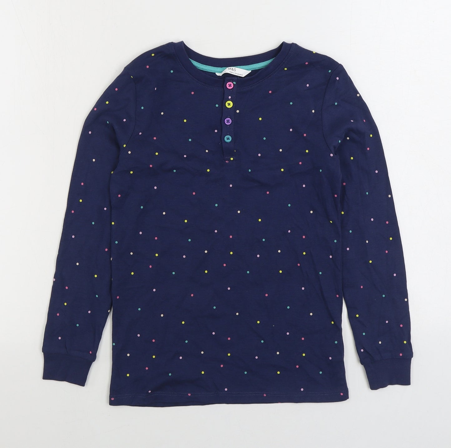 Marks and Spencer Girls Blue Polka Dot Cotton Basic T-Shirt Size 9-10 Years Henley Button