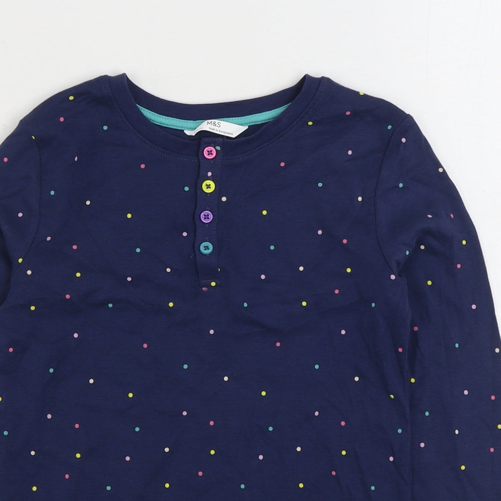 Marks and Spencer Girls Blue Polka Dot Cotton Basic T-Shirt Size 9-10 Years Henley Button
