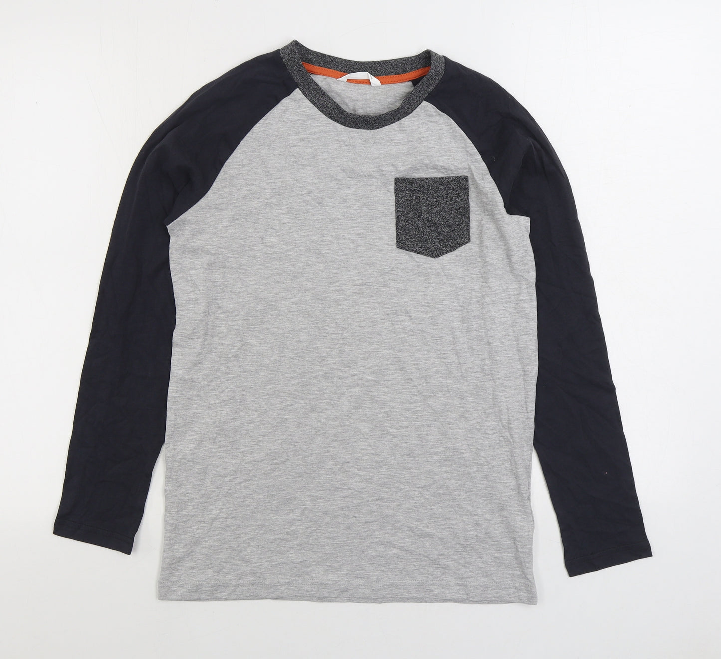 Marks and Spencer Boys Grey Colourblock Cotton Basic T-Shirt Size 12-13 Years Round Neck Pullover