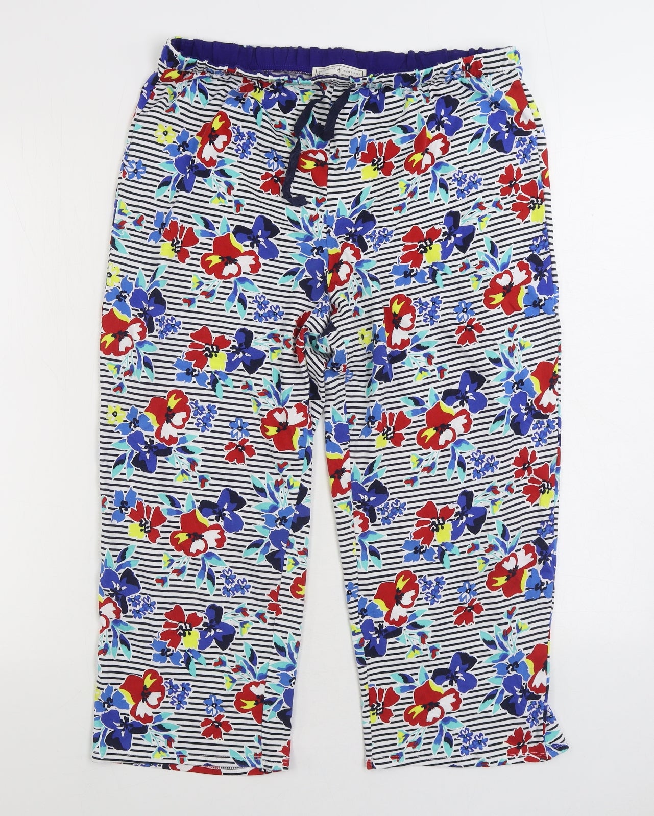 Marks and Spencer Womens Blue Floral 100% Cotton Pyjama Pants Size 12 Drawstring