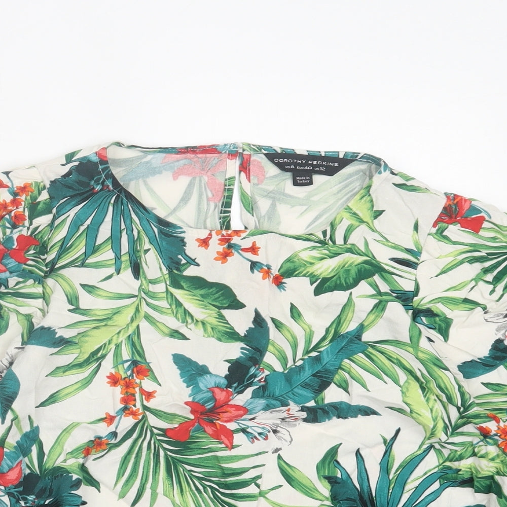 Dorothy Perkins Womens Green Floral Viscose Basic Blouse Size 12 Crew Neck