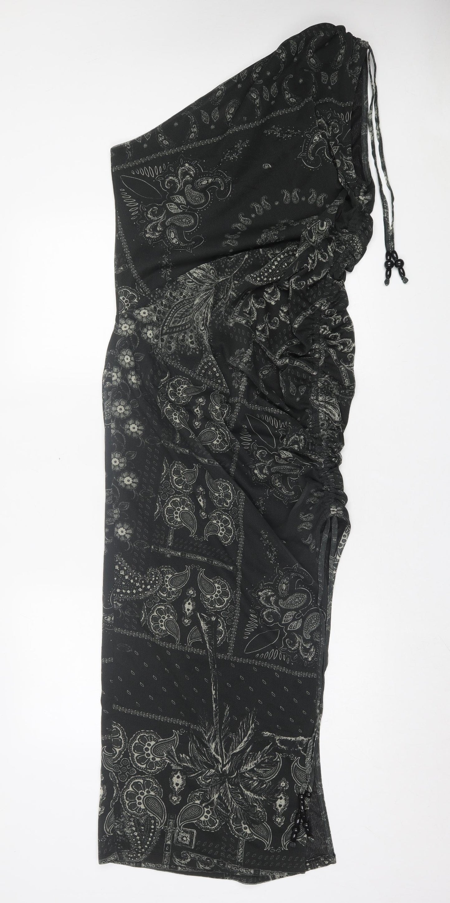 H&M Womens Black Paisley Polyester A-Line Size L One Shoulder Pullover - Ruched Sides