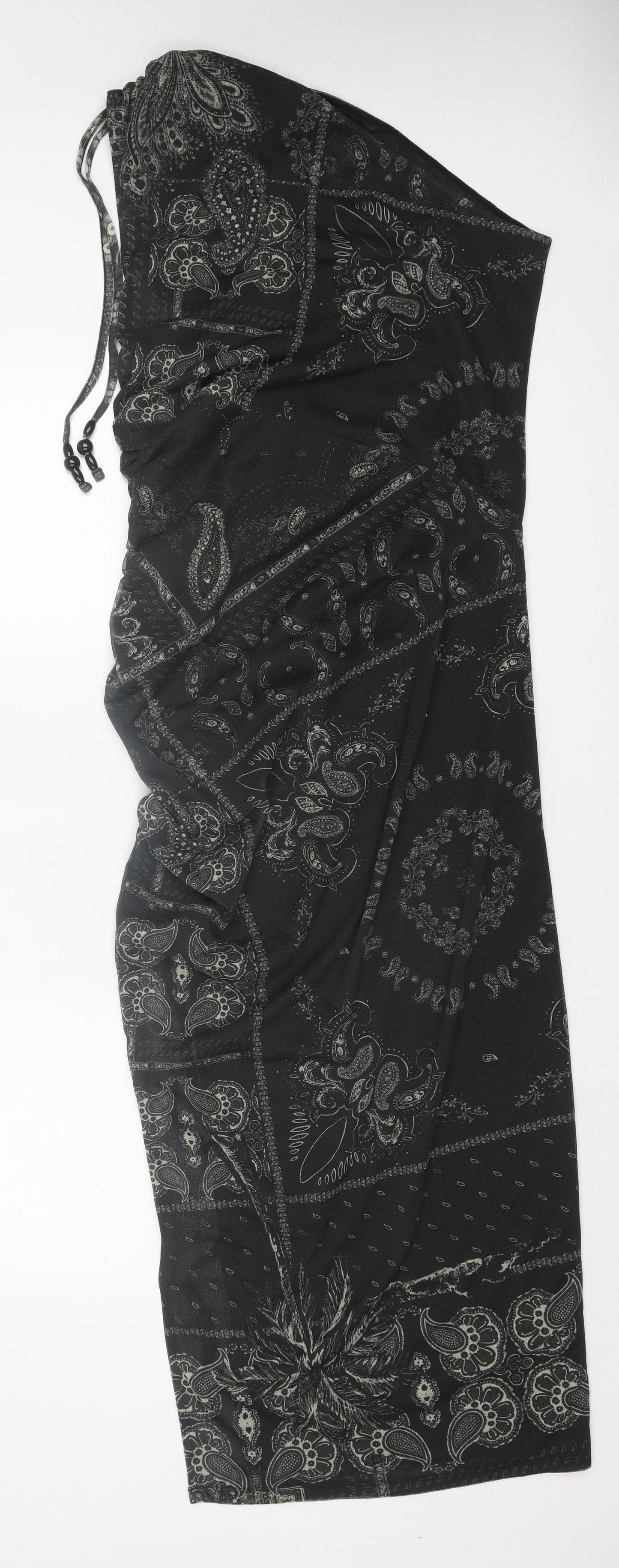 H&M Womens Black Paisley Polyester A-Line Size L One Shoulder Pullover - Ruched Sides