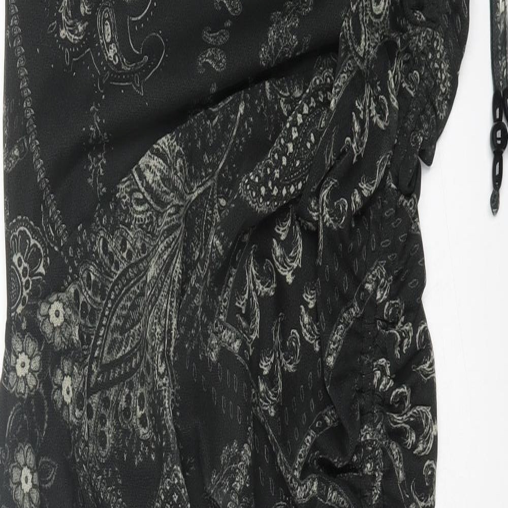 H&M Womens Black Paisley Polyester A-Line Size L One Shoulder Pullover - Ruched Sides