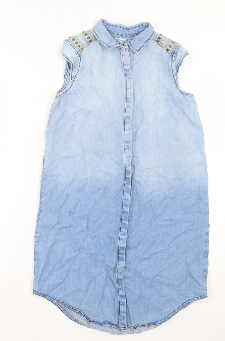 River Island Womens Blue Lyocell A-Line Size 8 Collared Button