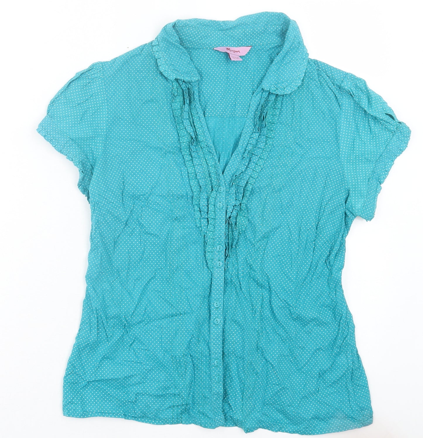 Monsoon Womens Blue Polka Dot Cotton Basic Button-Up Size 12 Collared