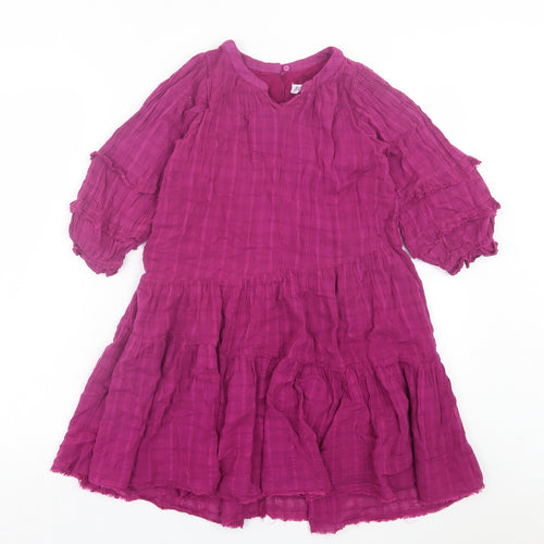 Zara Girls Purple Cotton A-Line Size 7 Years V-Neck Button