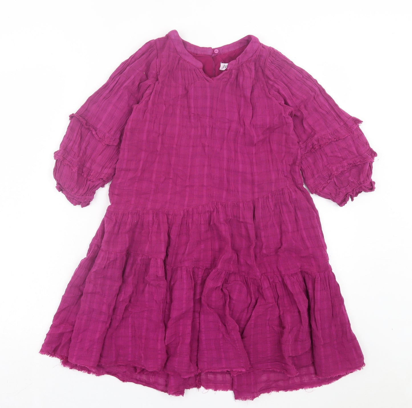 Zara Girls Purple Cotton A-Line Size 7 Years V-Neck Button
