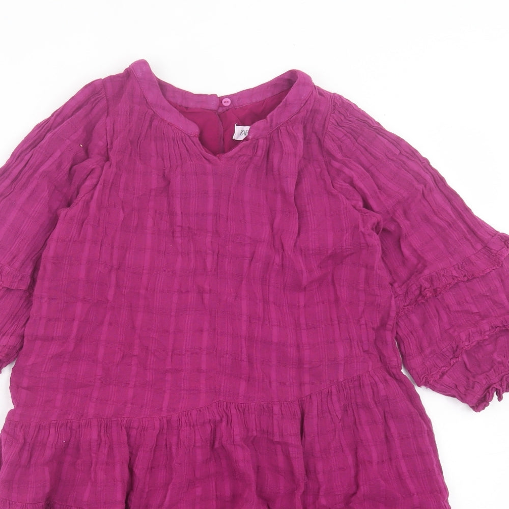 Zara Girls Purple Cotton A-Line Size 7 Years V-Neck Button