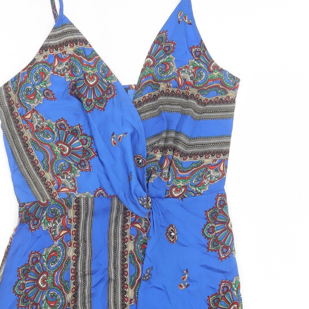 PRETTYLITTLETHING Womens Blue Geometric Polyester A-Line Size 10 V-Neck Zip