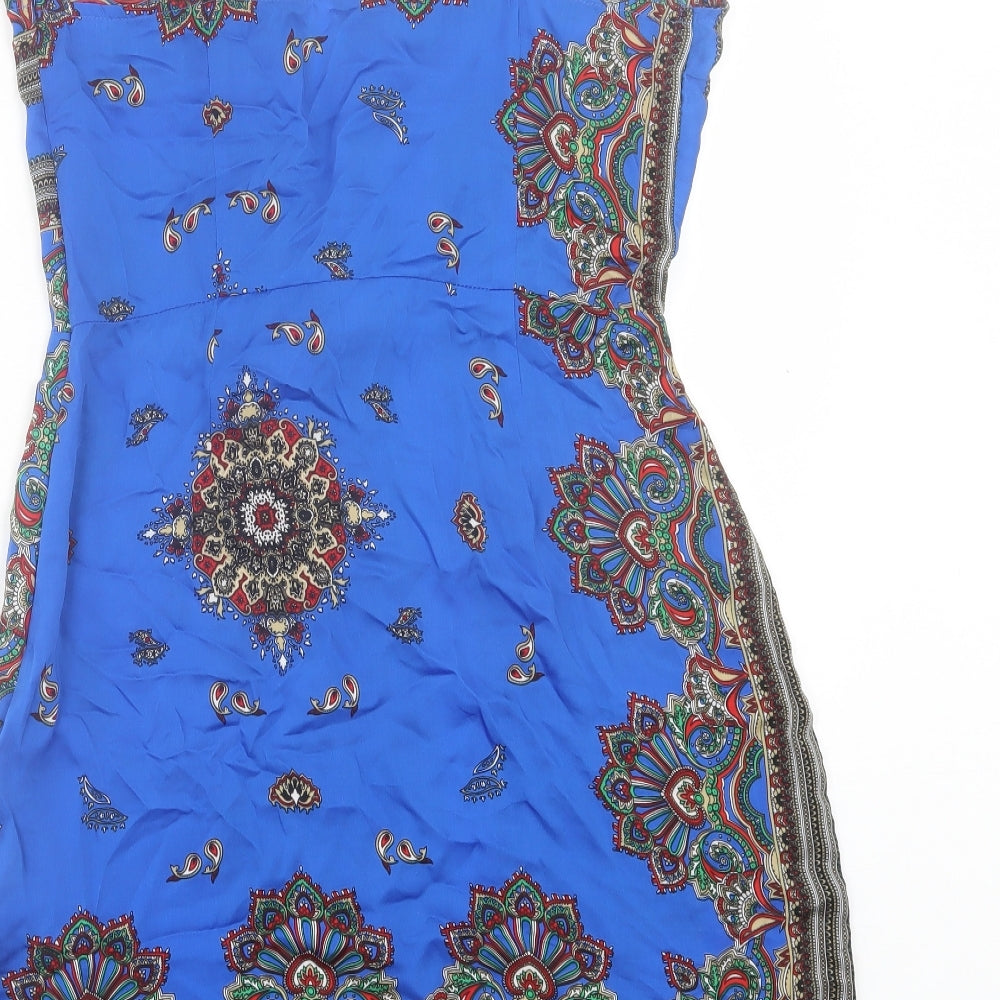 PRETTYLITTLETHING Womens Blue Geometric Polyester A-Line Size 10 V-Neck Zip
