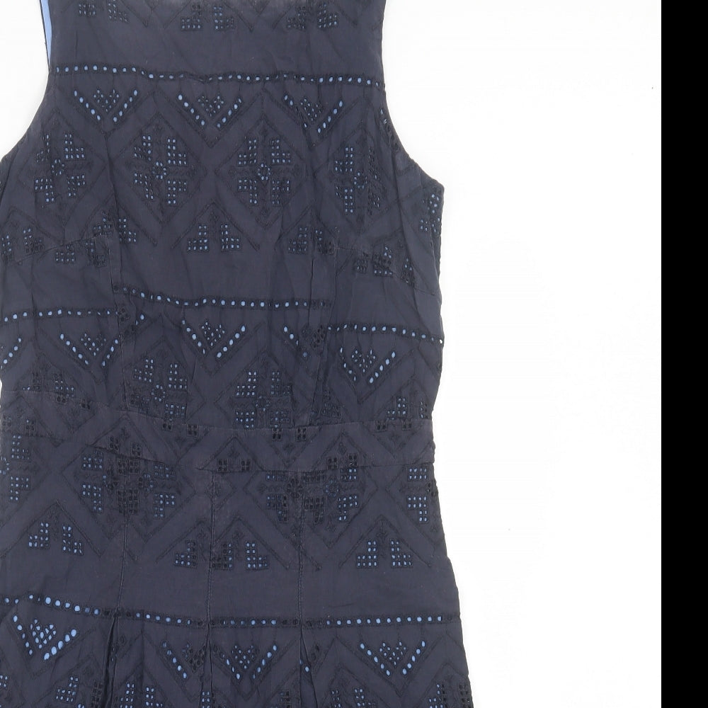NEXT Womens Blue Geometric Cotton A-Line Size 12 Square Neck Zip