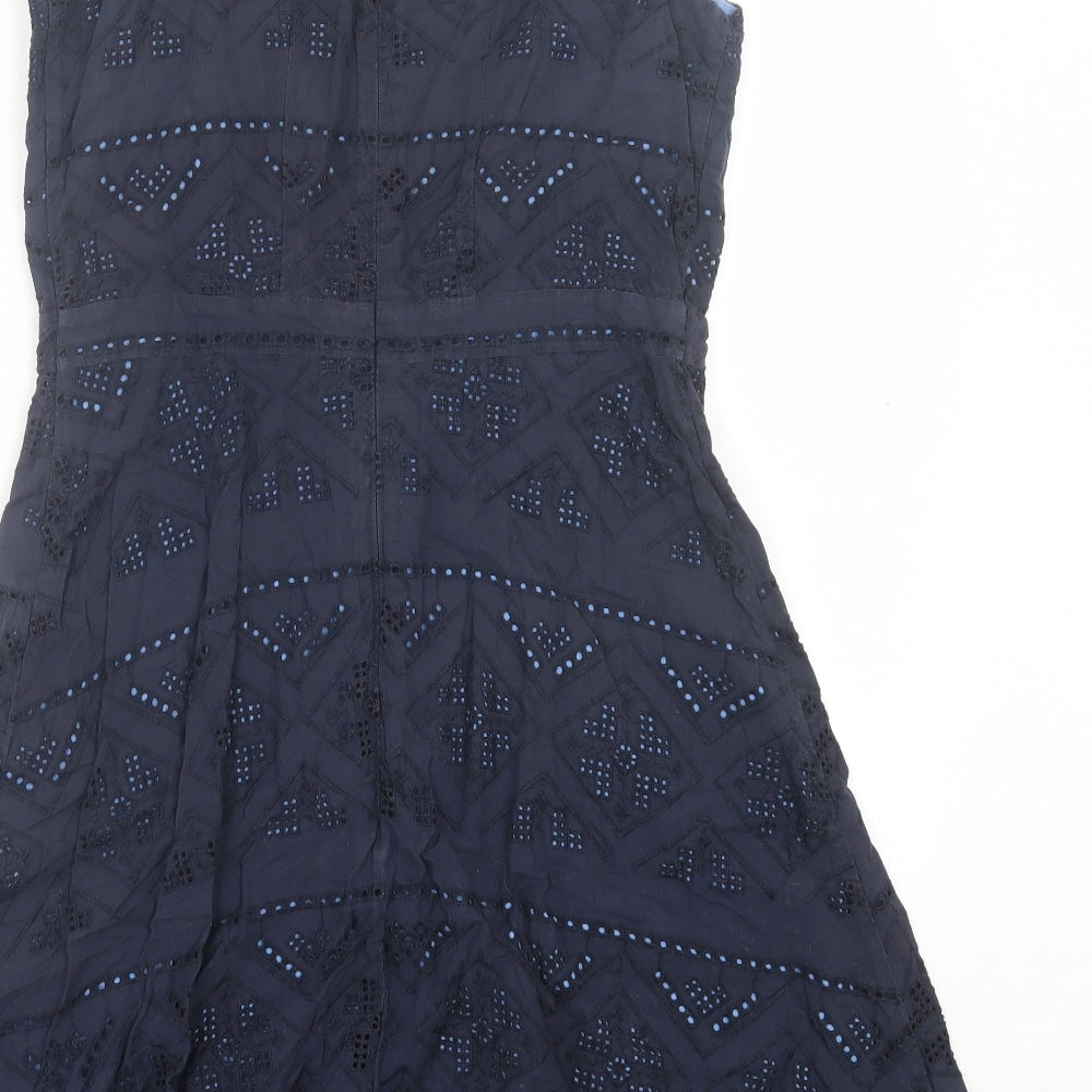 NEXT Womens Blue Geometric Cotton A-Line Size 12 Square Neck Zip
