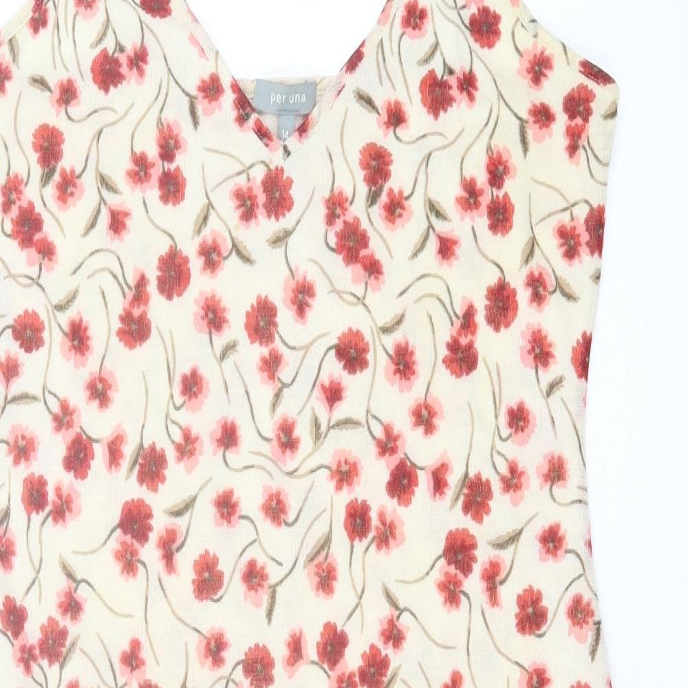 Per Una Womens White Floral Polyester A-Line Size 14 V-Neck Pullover