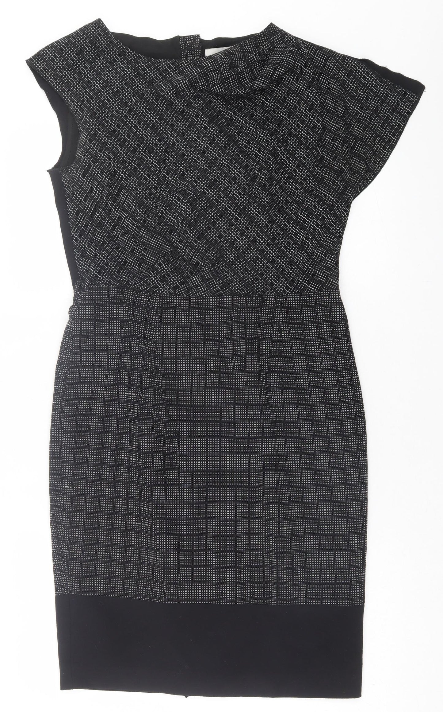 Roksanda Ilincic Womens Black Geometric Polyester Sheath Size 12 Round Neck Zip - Ruched Shoulder