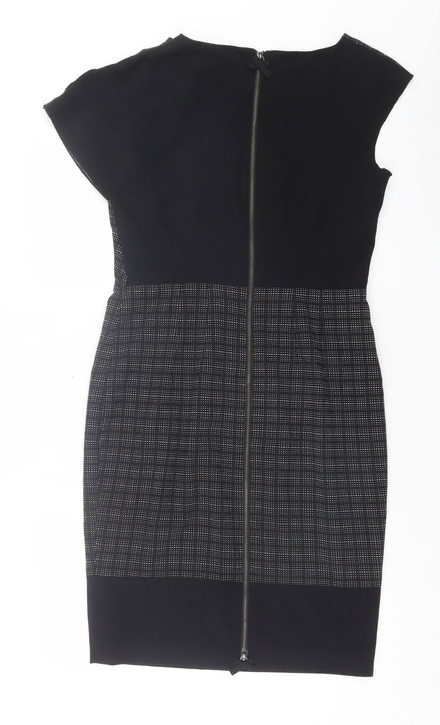 Roksanda Ilincic Womens Black Geometric Polyester Sheath Size 12 Round Neck Zip - Ruched Shoulder