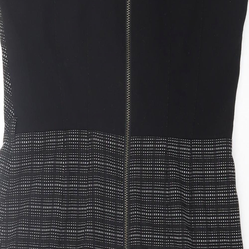 Roksanda Ilincic Womens Black Geometric Polyester Sheath Size 12 Round Neck Zip - Ruched Shoulder