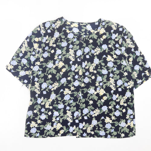 Preworn Womens Blue Floral Polyester Basic Button-Up Size 14 Round Neck