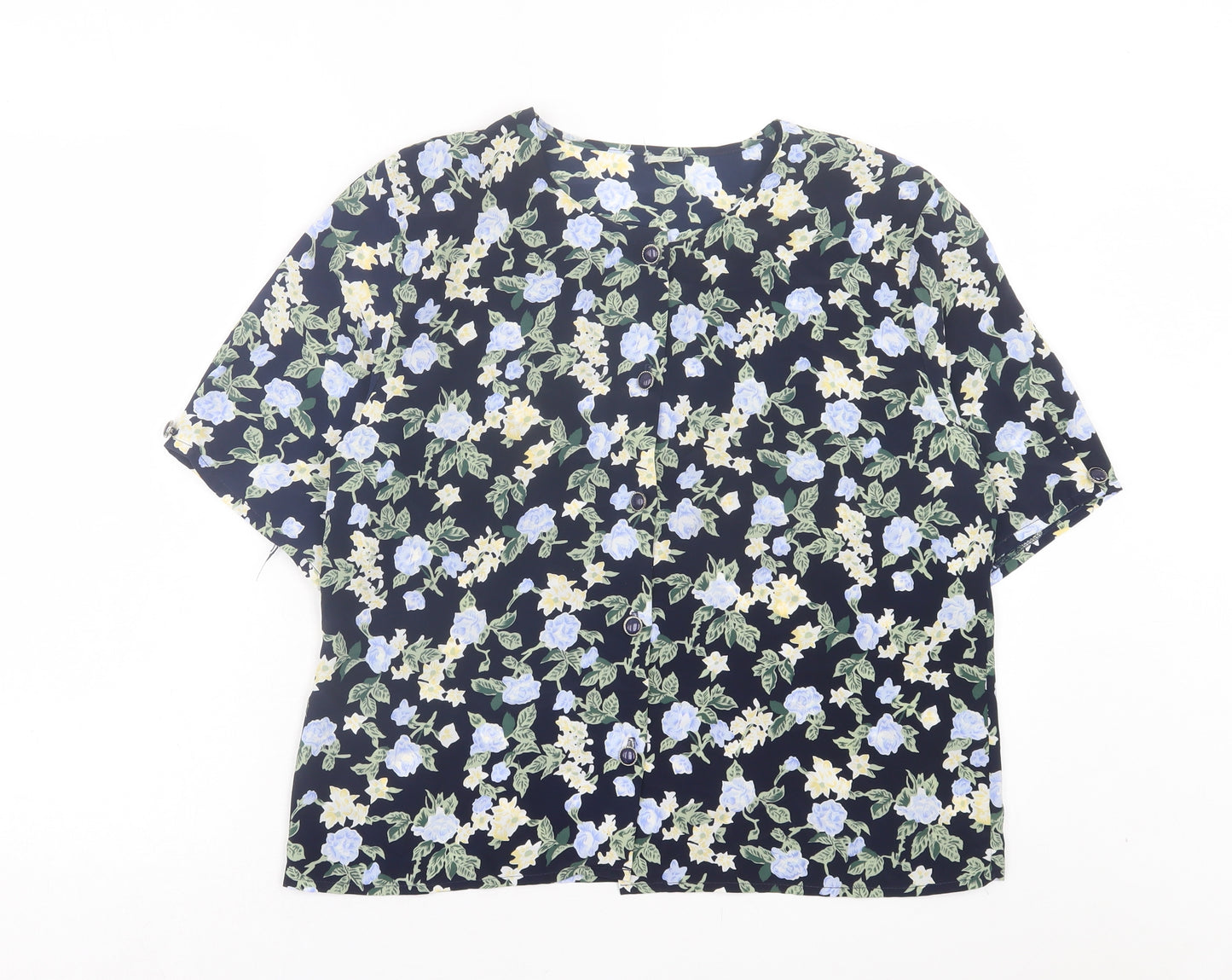 Preworn Womens Blue Floral Polyester Basic Button-Up Size 14 Round Neck
