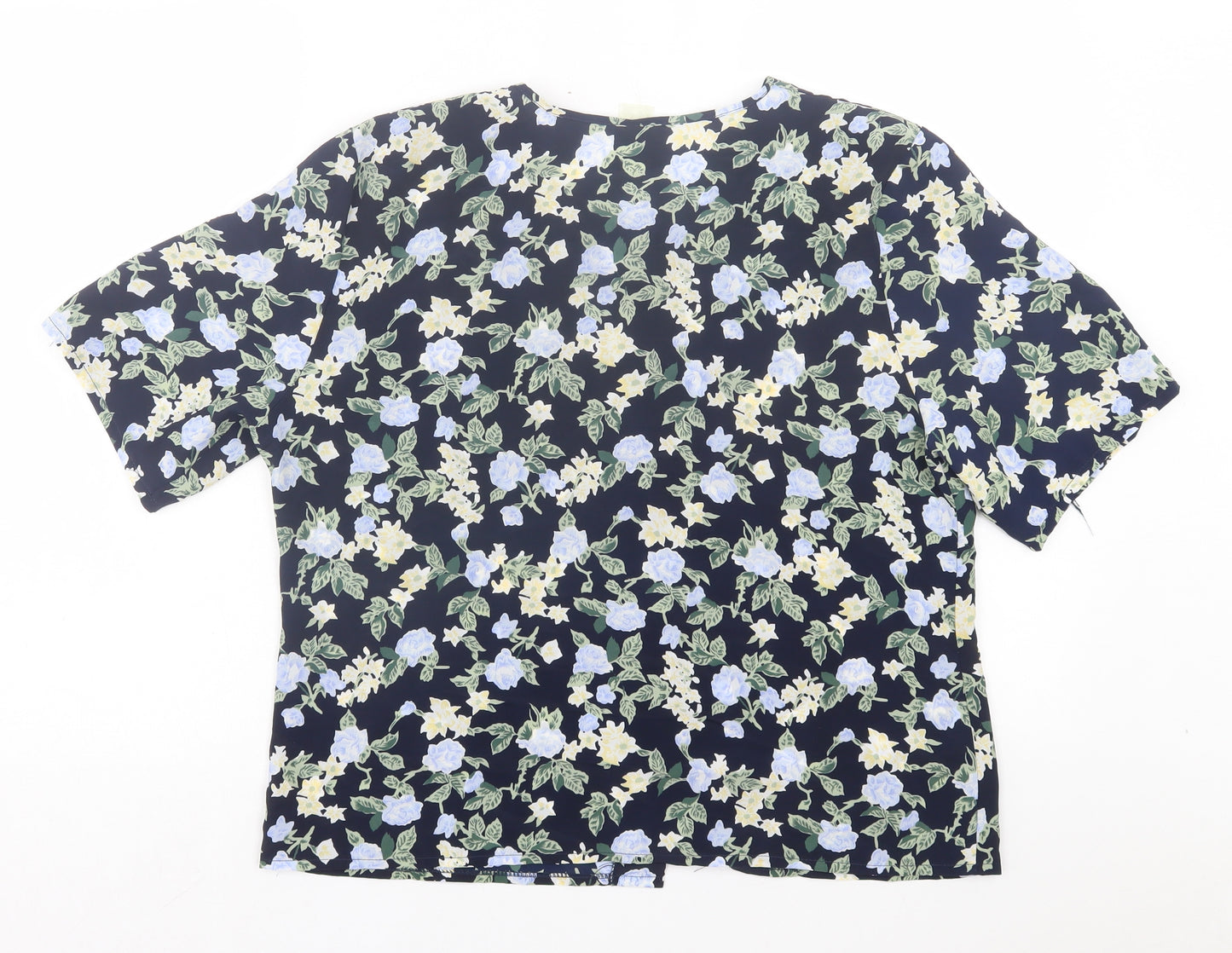 Preworn Womens Blue Floral Polyester Basic Button-Up Size 14 Round Neck