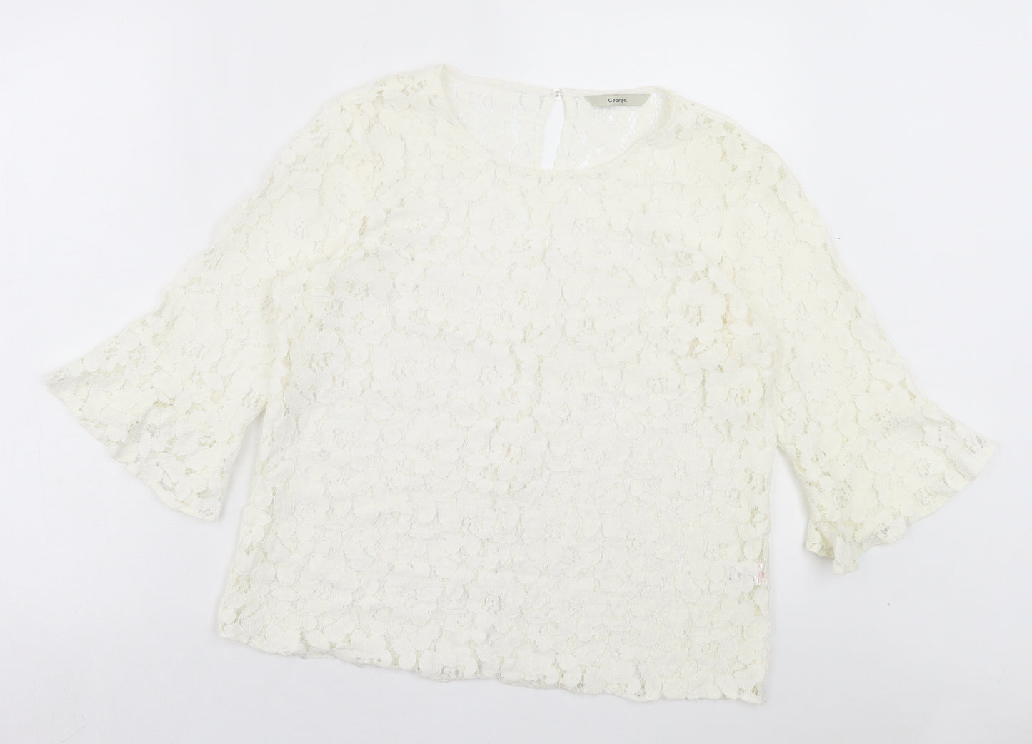 George Womens Ivory Floral Cotton Basic Blouse Size 14 Crew Neck
